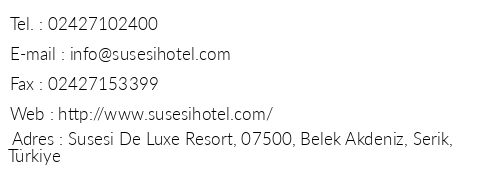 Susesi Luxury Resort telefon numaralar, faks, e-mail, posta adresi ve iletiim bilgileri